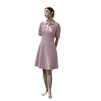 Slightly Fat Lady Polo Collar Short Sleeve Cherry Embroidery Above-Knee Dress Mid-Length A-LINE Office Lady Dress