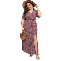 KOJOOIN Women Plus Size Wrap Maxi Dress Short Flutter Sleeves Empire Waist Split A Line Boho Casual Dress