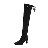 Womens Knee High Boots Chunky Heel Boots Women Shoes Fashion Knee Long Boots Thick High Heels Over Knee Pleated Suede