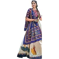 Design Blue and White Lehenga Choli from Gujarat with Embroidered Motifs and Dancing Village Girls