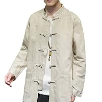 Chinese Style Linen Shirt Loose Plus Size Long Sleeve Spring and Autumn Retro Kung Fu Tang Suit Men's Tai Chi Top Hemp Color M