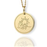 14K Solid Gold Sunrise With Waves Necklace, Crescent Moon Charm