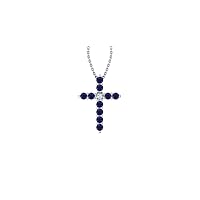14k White Gold timeless cross pendant set with 10 celestial blue sapphires (1/4 ct, AA Quality) encompassing 1 round white diamond, (.035ct, H-I Color, I1 Clarity), suspended on a 18