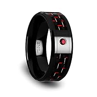 Mens Black Ceramic Black and Red Carbon Fiber Red Ruby Setting Wedding Ring - Beveled Comfort Fit - 8mm Wide - Style name: SORRELL