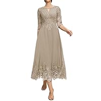Mother of The Bride Dresses Lace 3/4 Sleeve Evening Dress Tea Length Chiffon Wedding Guest Dresses for Women