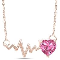 Heart Shape Pink Sapphire Heartbeat Pendant Necklace 10K Rose Gold Plated