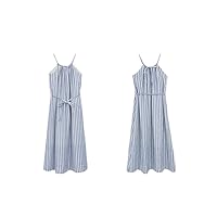 Women's Cotton Linen Dress Off Shoulder Hanging Neck French Style Relaxed Strap Tank Top Skirt