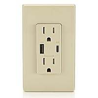 Leviton T5634-I 60W (20V@2.5A+ 5V@2A) USB Dual Type A/Type-C Power Delivery in-Wall Charger with 15A Tamper-Resistant Outlet, USB Charger for Smartphones, Tablets, Laptops, Ivory