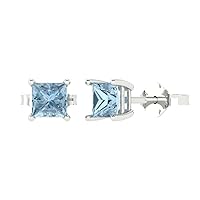 1.0 ct Princess Cut Solitaire VVS1 Fine Natural Aquamarine Pair of Stud Earrings Solid 18K White Gold Butterfly Push Back