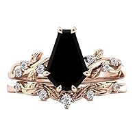 10K Vine Leaf Design Black Onyx Engagement Ring Set 1 CT Coffin Shaped Onyx Wedding Ring Set Art Deco Bridal Anniversary Ring Set For Women