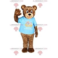 Fun brown bear REDBROKOLY Mascot with his blue t-shirt
