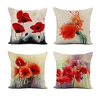 Set of 4 Linen Throw Pillow Cover Blossoming Poppy and Buds Drawn by Oil Color 16x16 Inches Home Decor Square Flax Pillowcase Cushion Cover for Couch Sofa