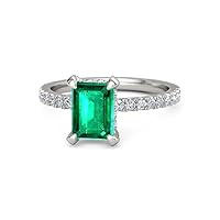 Emerald Cut Created Green Emerald 14k White Gold Plated 925 Streling Silver Solitaire with Accents Engagement Wedding Ring for Her