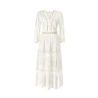 White Chic Dress Women Summer Lace Hollow V Neck Lantern Sleeves Casual Vestidos Holiday Slim Dresses