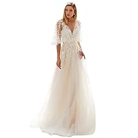 Tulle Long Wedding Dresses for Bride 2024 Beaded Lace Applique Deep V-Neck A-line Beach Backless Boho Bridal Gowns with Sleeves White 14