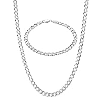 KISPER Italian 925 Sterling Silver 5mm Curb Cuban Link Chain Necklace & Solid Diamond-Cut Cuban Link Curb Chain Bracelet Set - 30