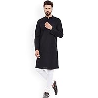 Indian Men's Cotton Kurta Tunic Solid Plus Size Loose Fit Big And Tall Ethnic Wedding Party Wear Kurta For Men/Boys_Black_Xs