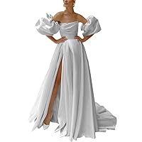 Satin Wedding Dresses with Slit for Bride Detachable Puffy Sleeves Prom Dresses for Women Ball Gown Pleated