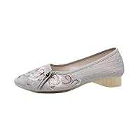 Pointed Toe Embroidered Women Spring Loafers Ethnic Style Cotton Fabric Pumps for Ladies Low Heel Slip On Shoes Gray 4.5