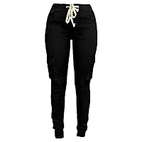 Andongnywell Womens Casual Stretch Drawstring Skinny Pants Cargo Jogger Pants High Waist Tie Butt Lift Pant with Pockets