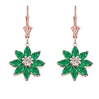 EMERALD AND DIAMOND DAISY LEVERBACK EARRINGS IN 14K ROSE GOLD