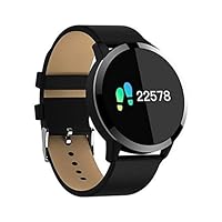 New IP67 Waterproof Smart Watch Fitness Heart Rate Tracker for Android iOS Windows (Black - Leather Band)