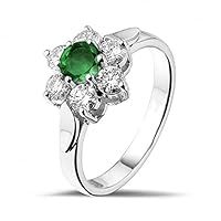 Round Natural Emerald And Diamond Flower Ring For Women And Girls