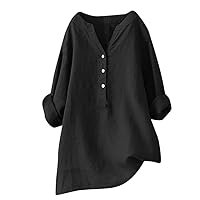 Linen Tops for Women Trendy V Neck Shirts Long Sleeve Button Down Blouses Loose Tunic Tee
