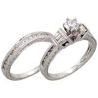 14k White Gold 2-Piece Wedding Ring Set, w/ 0.33 Carat Brilliant Cut (Center) & 0.61 Carat Baguette & Brilliant Cut (Sides) Diamonds, 5/16