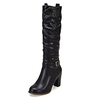 Ladies Black high Heels Knee-Length high Boots, Women's Pleated Boots, Long Boots, Round Toe Solid Color Set feet, Belt Buckle, Thick high-Heeled Knee-Length Boots