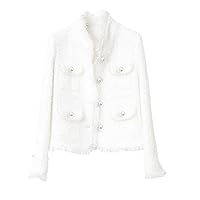 White Pearl Inlaid Pocket Tweed Jacket - Autumn/Winter Women's Slim Coat