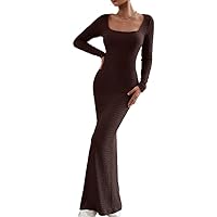 Maxi Dress, Women's Sexy Bodycon Maxi Dress Casual Square Neck Long Sleeve Pencil Dress Sexy Slim Fitted Long Dress Streetwear Black Brown