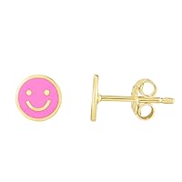 14k Yellow Gold Pink smiley Face Enamel Stud Earrings Jewelry for Women