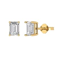 1.0 ct Emerald Cut Solitaire Fine Moissanite Pair of Stud Everyday Earrings Solid 18K Yellow Gold Butterfly Push Back