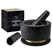 Mortar and Pestle Set 100% Natural Heavy Granite 5.5 inch 2 Cups Capacity - Solid Stone Grinder Pestle and Mortar Bowl - with Silicone Garlic Peeler and Mat - Guacamole Mortar & Pestles Set Large