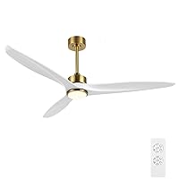 WINGBO 60 Inch DC Ceiling Fan with Lights and Remote Control, 3 Reversible Carved Wood Blades, 6-Speed Noiseless DC Motor, Modern Ceiling Fan in Brass Finish with White Blades, ETL Listed