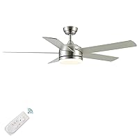 YUHAO 52 inch Brushed Nickel Ceiling Fan with Lights and Remote Control,Dimmable tri-Color temperatures LED,Quiet Reversible Motor, 5 Blades Modern Ceiling Fan for Indoor.