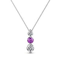 Round Amethyst and Diamond Graduated Three Stone Drop Pendant 0.50 ctw 18K Gold. Included 16 Inches 18K Gold Chain