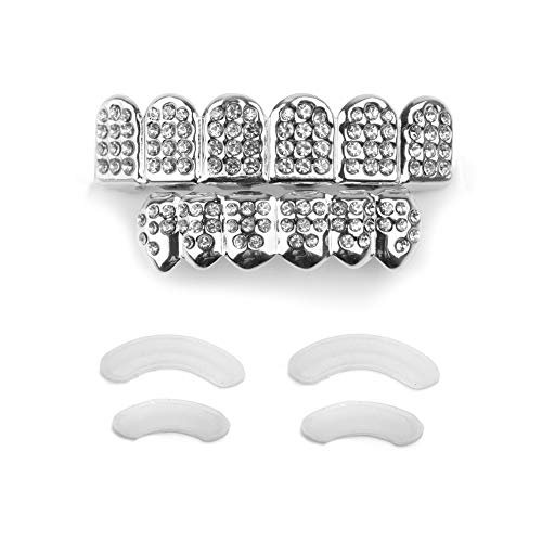 TSANLY Gold Grillz Teeth Set CZ Diamonds Grillz 24k Plated Gold Top & Bottom Grill Hip Hop Bling Iced Out Grillz for Son + Extra Molding Bars + Microfiber Cloth