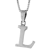 1/2 Inch Small Sterling Silver Block Initial L Necklace Alphabet Letters High Polished, 16-30 inch 0.8mm Box_Chain