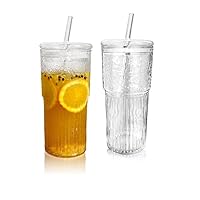 2pcs Transparent Stripe Glass Water Cup with Lid and Straw Bubble Tea Cups Juice Glass Milk Drinking Tumbler Travel Mug,570ml