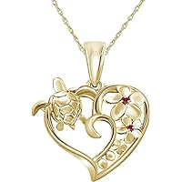 14K Yellow Gold Plated in .925 Sterling Silver Hawaiian Plumeria Flower Sea Turtle Honu Heart Pendant 18''Chain Necklace CZ Pink Ruby
