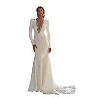 Beach Wedding Dresses for Bride 2024, Mermaid Simple Boho White Satin Gown, V-Neck Off The Shoulder Prom Dress