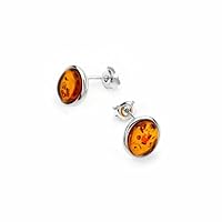 Small Oval shape Cognac Color Baltic Amber Post Earring in Sterling Silver