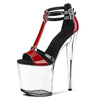 Women's 8 Inch Gothic Clear T-Strap Sandals Pole Dance Shoes Sexy Fetish Open Toe Platform Exotic Stripper Patent Leather High Heels