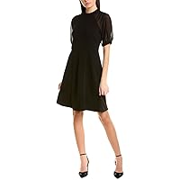 London Times Women's Dresses Fit and Flare Mock Neck with Sheer Elbow Sleeves Occasion Guest of Event Black