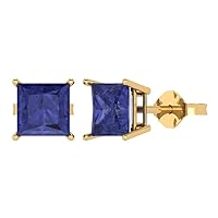 4.0 ct Princess Cut Solitaire Genuine Simulated Blue Tanzanite Pair of Designer Stud Earrings Solid 14k Yellow Gold Push Back