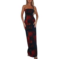 Women Y2k Tie Dye Long Dress Sexy Sleeveless Open Back Colorful Maxi Dress Floral Printed Beach Party Sundress