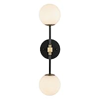 Modern Wall Sconce 2-Lights Industrial Mid Century Bathroom Vanity Wall Light with White Globe Glass Shade Gold & Black Finished Lighting Fixture