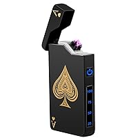 Electric Lighters Rechargeable USB Lighter, Dual Arc Plasma Lighter, Windproof Flameless Electronic Lighter, Pocket Metal Lighter with LED Battery Indication for Candles, Camping (Black Ace)